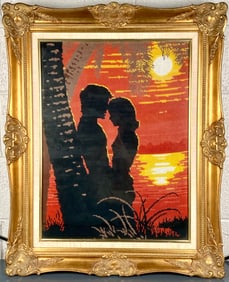 Vintage “Sunset Lovers" Hand-Stitched Needlepoint in Ornate Gilt Frame