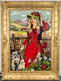 Vintage “Lady in Red with Dog" Hand-Stitched Needlepoint in Ornate Gilt Frame