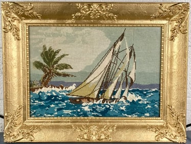 Vintage “Sailboat by Tropical Shore" Hand-Stitched Needlepoint in Ornate Gilt Frame