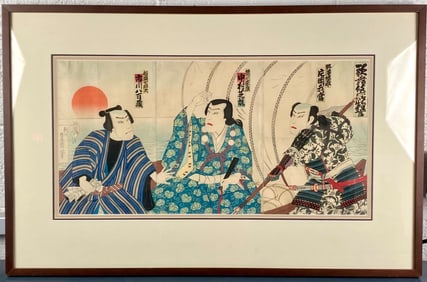 Utagawa Kunisada III “Three Kabuki Actors" Woodblock Print Triptych