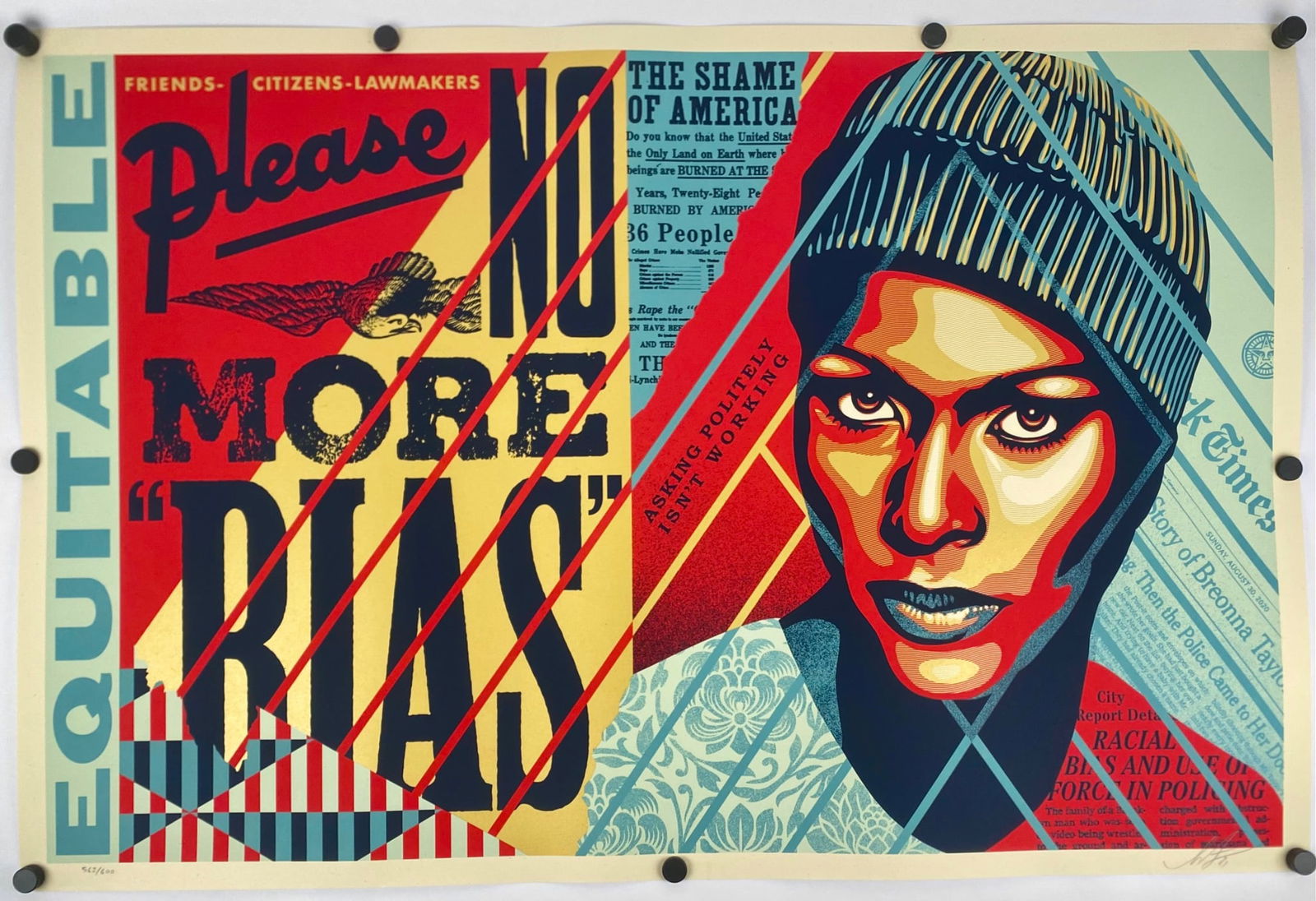 Shepard Fairey “No More Bias" Signed and Numbered Screen Print, 2021: Signed and numbered screen print by Shepard Fairey, titled “No More Bias.” Printed on cream Speckletone paper, the print is hand-signed, dated “21,” and numbered 562/600 in pencil alon