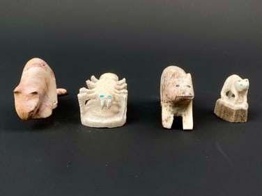 Group of Four Carved Zuni Animal Fetishes Featuring a Mountain Lion, Spider, Bear and Cougar