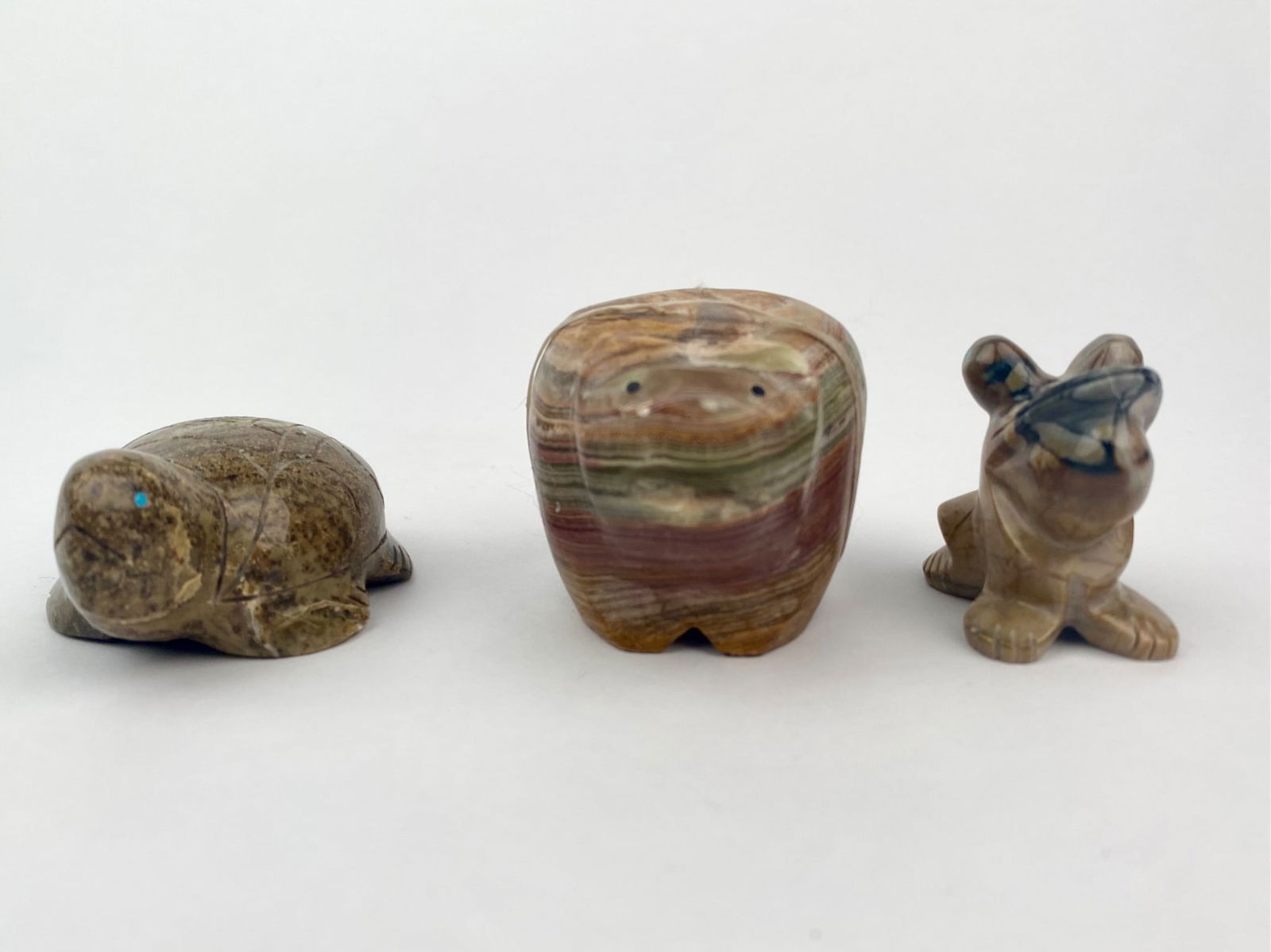 Group of Three Zuni Carved Stone Fetish Animals featuring Turtle, Bear and Frog (1 of 12)