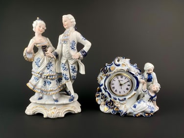 Pair of Japanese Porcelain Figurines: Courting Couple and Figural Clock