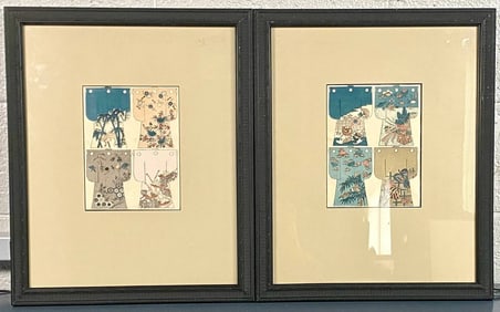 Pair of Original Antique Woodblock Hand Print “Kimono Design" by Yamanaka
