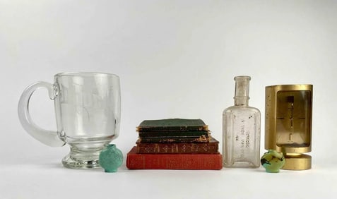 Lot of Assorted Antique and Vintage Items (Pocket Books, Sperm Sewing Machine Oil & Swiza Clock)