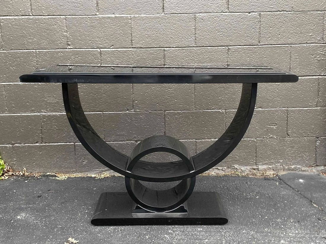 Jay Spectre Contemporary Mirror Console Table: Black contemporary console table by Jay Spectre. Table features a mirrored table top. Table is black and color with a half moon modern design. In good condition with some areas of wear as documented i