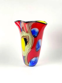Red Multicolored Murano-Style Ruffle Glass Vase