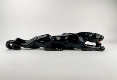 MCM Black Ceramic Panther with Green Eyes, Laying Pose