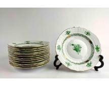 Set of 13 Herend Porcelain Salad Plates in Green Chinese Bouquet