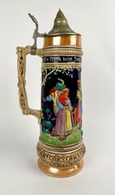 Large Gerz German Ceramic Beer Stein With Pewter Lid