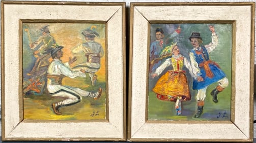 Pair of Framed Polish Folk Dance Oil Paintings on Canvas (Signed, Unknown Artist)