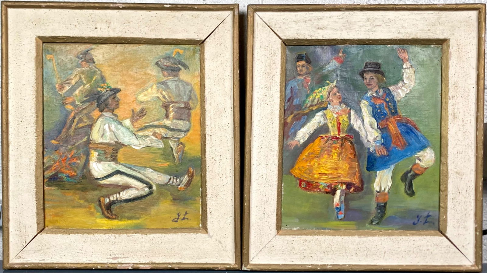 Pair of Framed Polish Folk Dance Oil Paintings on Canvas (Signed, Unknown Artist) (1 of 12)