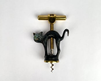 Cat-Shaped Brass and Metal Corkscrew with Turning Handle