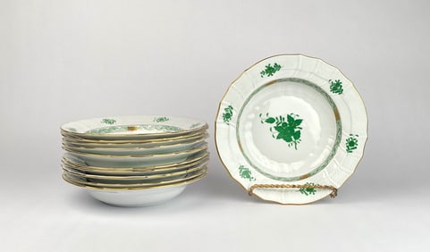 Set of 11 Herend Soup Bowls in Green Chinese Bouquet