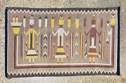 Handwoven Navajo Yei Rug with Geometric Patterns and Figures