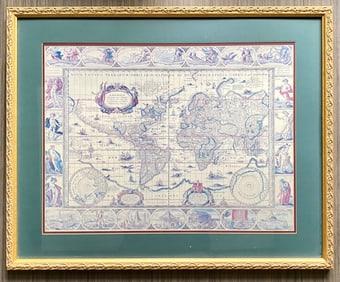 Framed Reproduction of Vintage World Map, Gold Frame