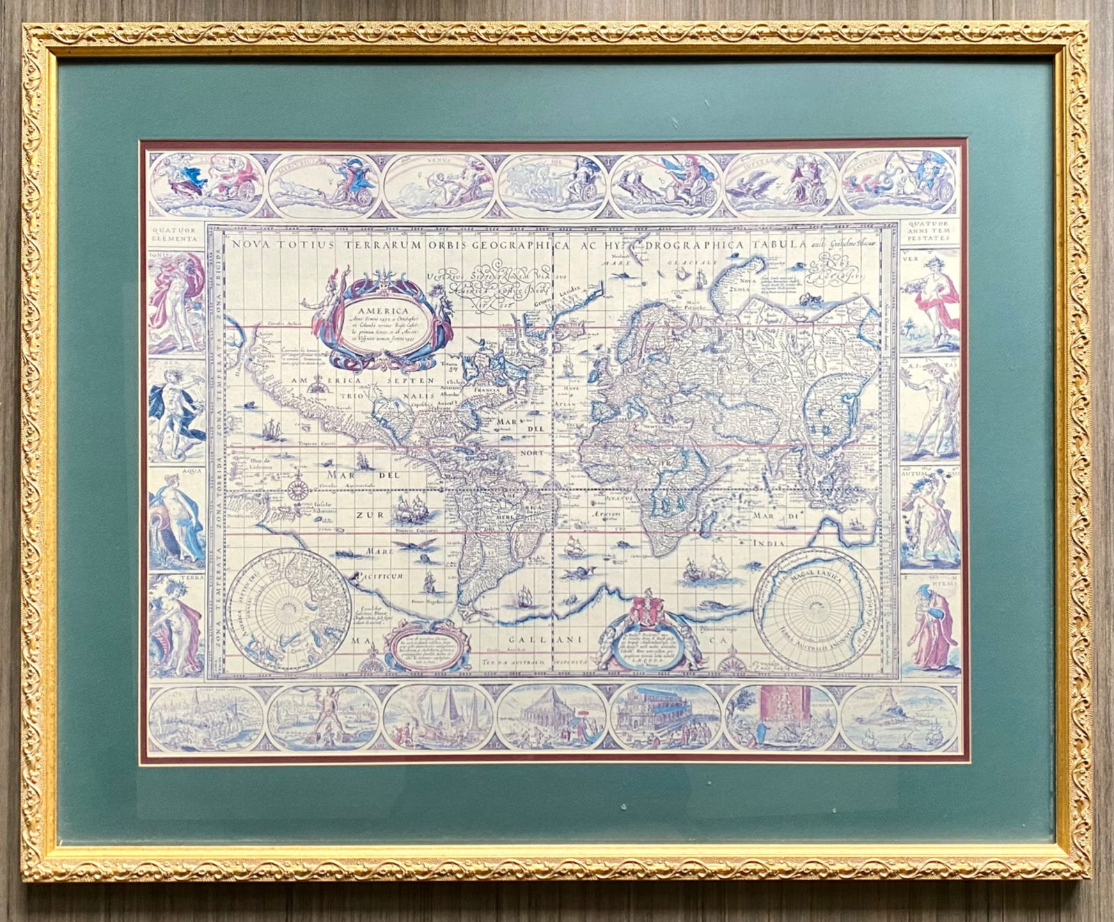 Framed Reproduction of Vintage World Map, Gold Frame (1 of 5)