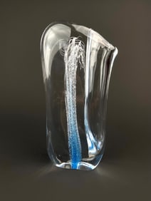 Signed Studio Art Glass Vase with Blue and White Interior Design