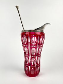 Bohemian Ruby Cut to Clear Glass Cocktail Pitcher with Alpacca Silver Plated Lid and Strainer Spoon