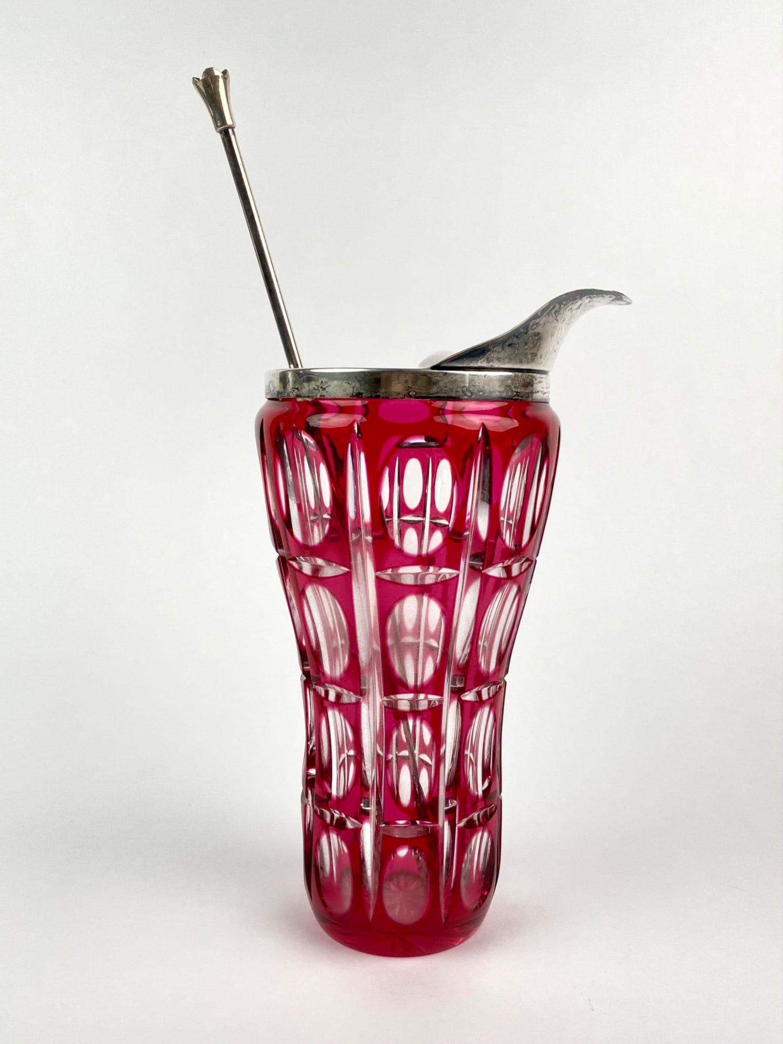 Bohemian Ruby Cut to Clear Glass Cocktail Pitcher with Alpacca Silver Plated Lid and Strainer Spoon (1 of 10)