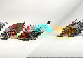 Set of Three Forma Vitrum Vitreville Stained Glass Decorative Village Houses: Set of three stained glass decorative village houses by Forma Vitrum from the Vitreville Collection, designed by Bill Job. Includes 'Confectioner's Cottage' (1993, signed, numbered 272/2500), 'Pastor'