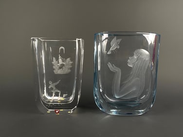 Pair of Swedish Art Glass Vases by Orrefors and Strombergshyttan