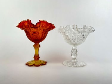 Pair of Vintage Fenton Glass Compotes - Clear Pressed & Amberina Ruffed Rim