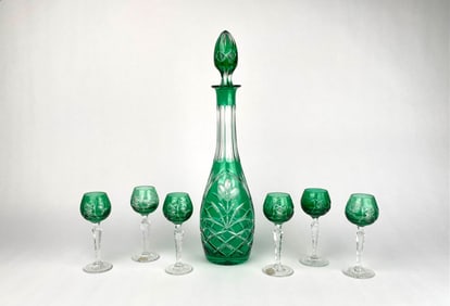Emerald Green Cut-to-Clear Crystal Decanter and Cordial Set, 7 Pieces