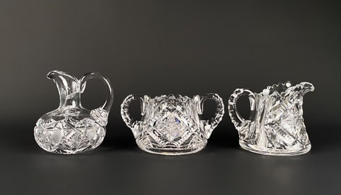 Three-Piece Cut Glass Creamer, Sugar, and Pitcher Set