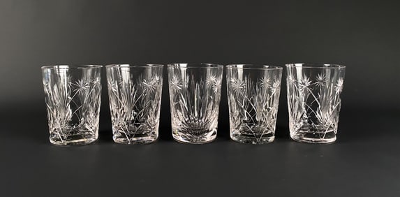 Set of Five Cut Crystal Glasses with Starbust and Palm Motif