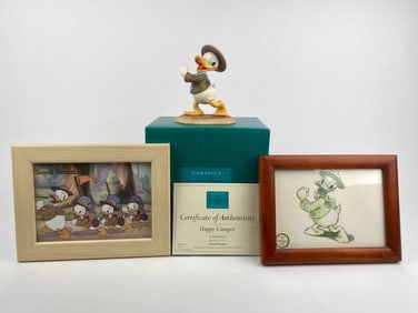 Disney Classics Collection 'Happy Camper' Donald Duck Figurine with Pair of Framed Artwork (COA
