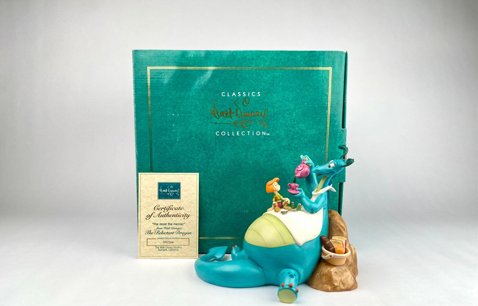 Walt Disney Classics Collection The Reluctant Dragon Figurine with Box and COA: Walt Disney Classics Collection figurine titled "The More the Merrier" from The Reluctant Dragon. This limited edition piece is numbered 1601 out of 7500. Includes original box and Certificate of Auth