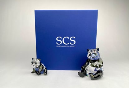 Swarovski Crystal Society Panda Figurine Set With Box