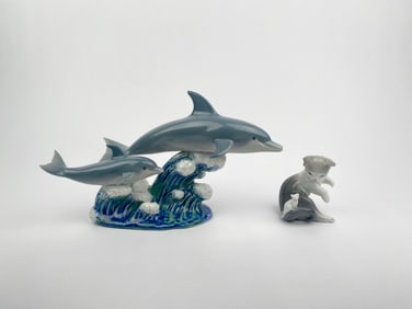 Pair of Lladro Porcelain Figurines – Dolphins and Kitten