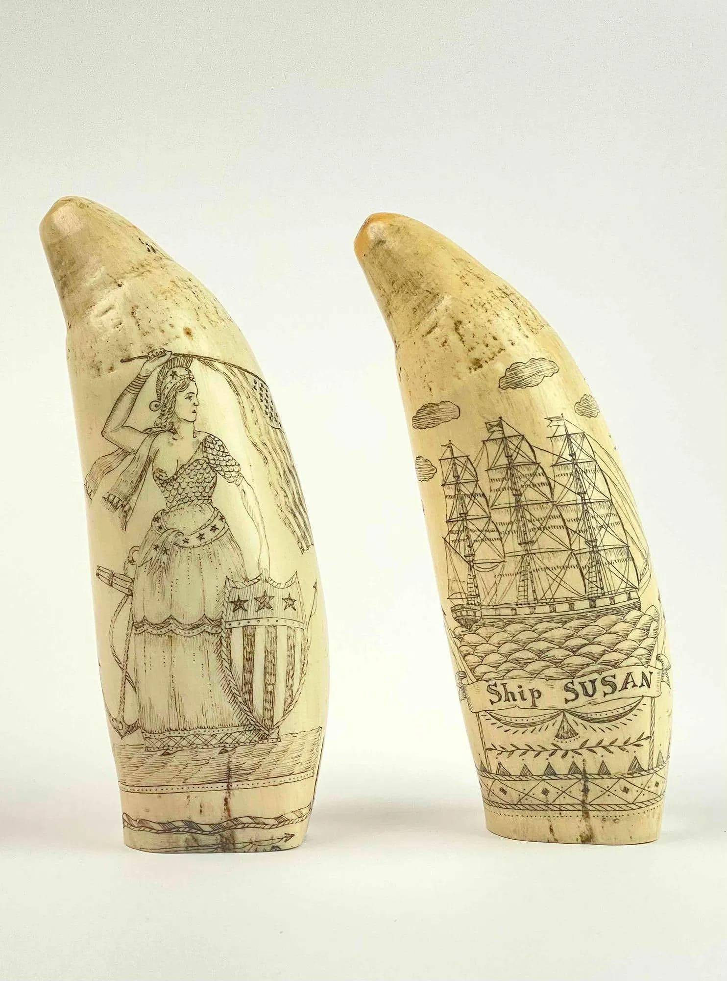 Inuit Scrimshaw Replica (A.T. Moger): Inuit scrimshaw replicas ornately detailed with engraved images and designs. Artist A.T. Moger. Designs include "Ship Susan," and a crest marked "1830 E. Plurtbus Unum." The other depicts a woman with