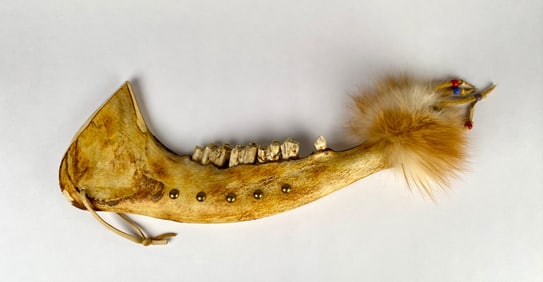Decorated Animal Jawbone War Club with Fur, Beads and Brass Tacks