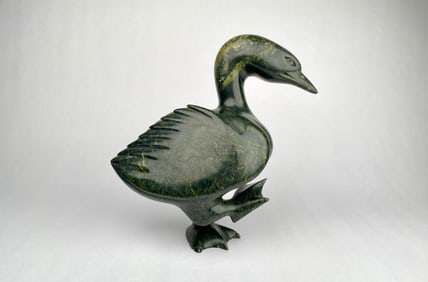 Signed Inuit Green Stone Water Bird Sculpture