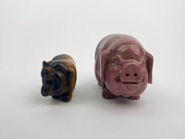 Pair of Carved Stone Pig Figurines - Tiger's Eye and Rhodonite