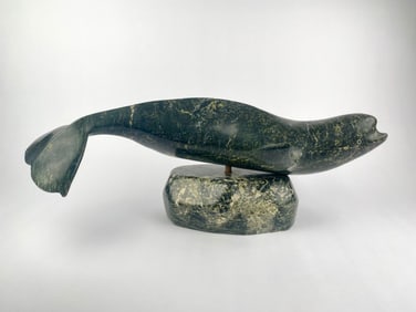 Jomie Aipeelee (Inuit, Cape Dorset) Large Green Serpentine Whale on Base Sculpture, 2006