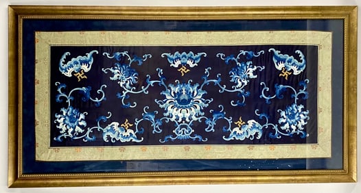 Qing Dynasty Blue Silk Embroidery with Dragons and Gold Wan Symbols
