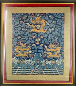 Chinese Imperial Embroidered Silk Panel with Five-Clawed Dragons & Lishui Wave Border