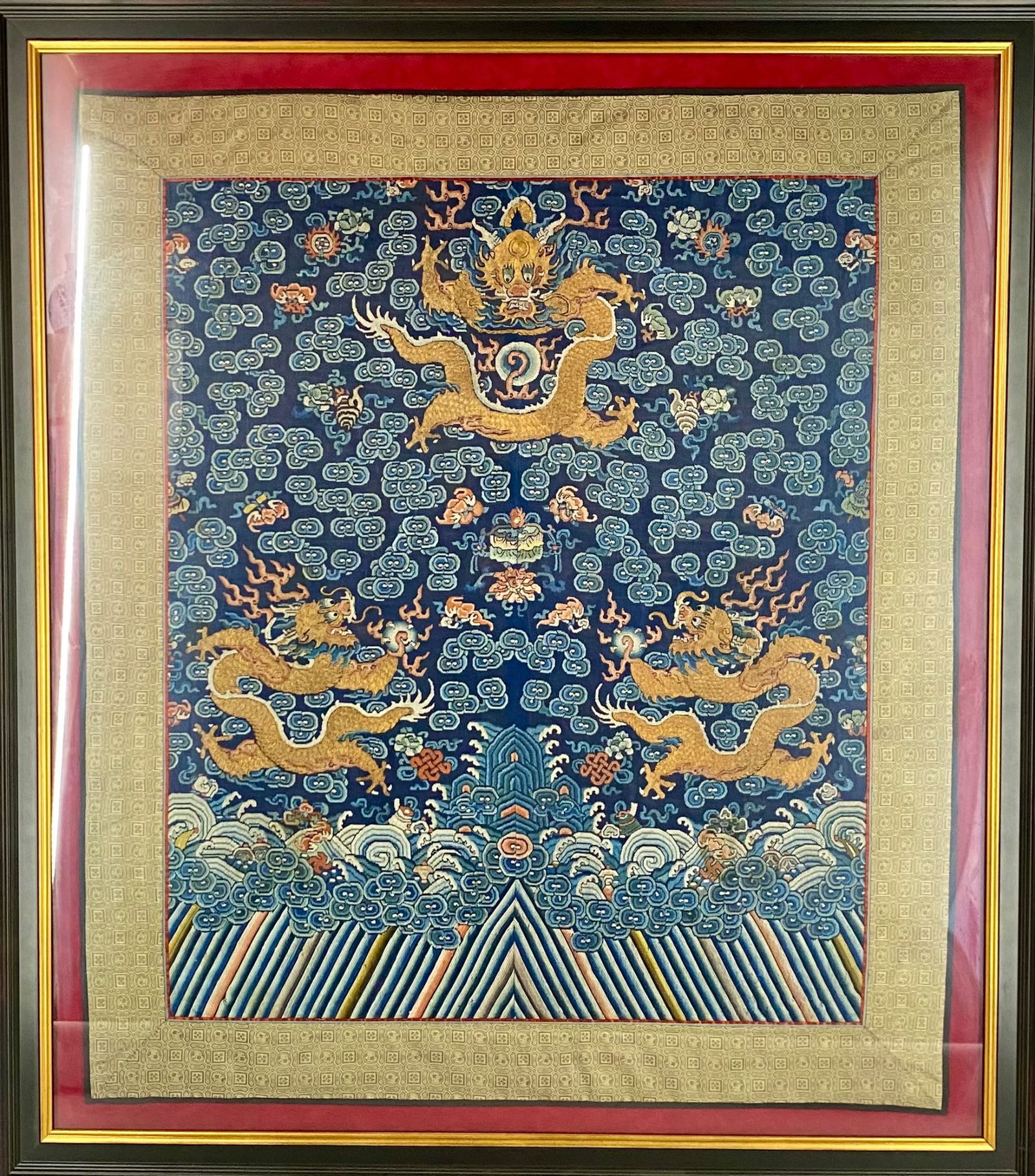Chinese Imperial Embroidered Silk Panel with Five-Clawed Dragons & Lishui Wave Border (1 of 7)