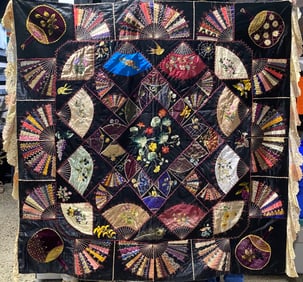 Late Victorian Silk Crazy Quilt with Embroidered Fan Motifs