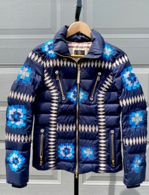Bogner Navy Blue Down Jacket with Embroidered Floral Accents, Size XS