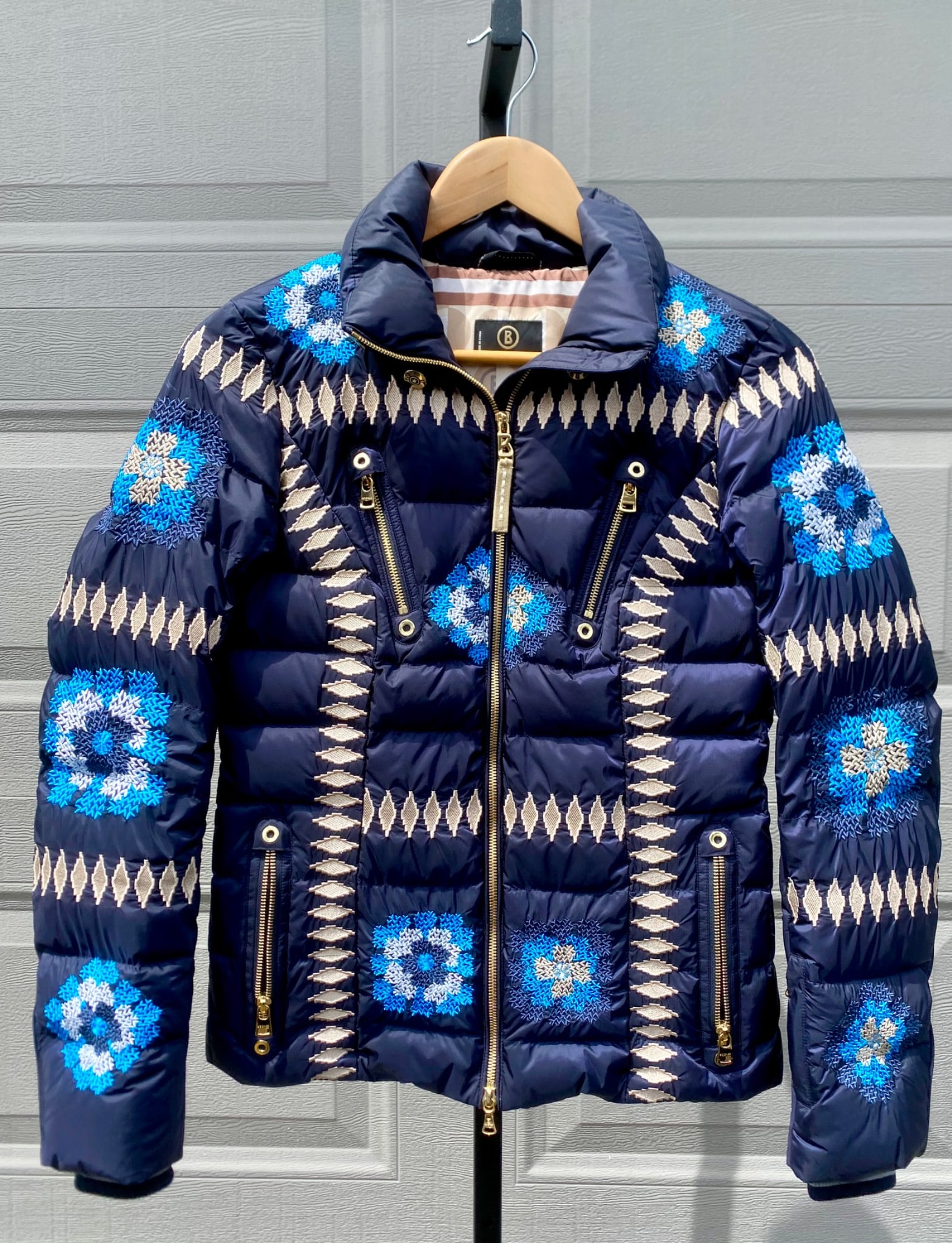Bogner Navy Blue Down Jacket with Embroidered Floral Accents, Size XS (1 of 12)