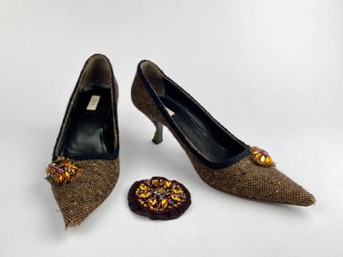Prada Brown Tweed Heels with Crystal Embellishments, Size 39
