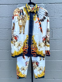 Gianni Versace Couture Native American Print Silk Shirt and Denim Pants Set, Size 42