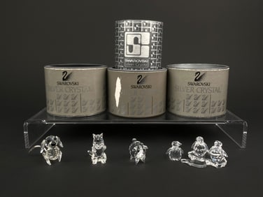 Swarovski Silver Crystal Animal Figurine Collection – Dog, Cat, Pig and Penguin Family with