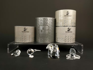 Swarovski Silver Crystal Bird Figurine Set with Original Boxes – Penguin, Kiwi, Duck, and Eagle